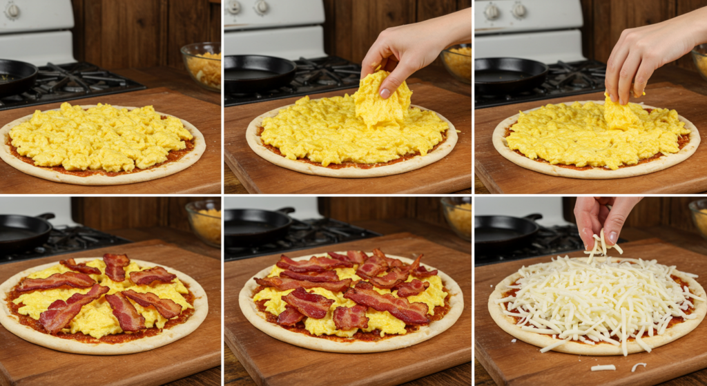 "Assembling breakfast pizza with pre-baked crust, eggs, bacon, and cheese."