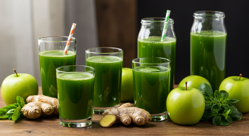 "Variety of green juice recipes in glasses with fresh herbs and fruits."