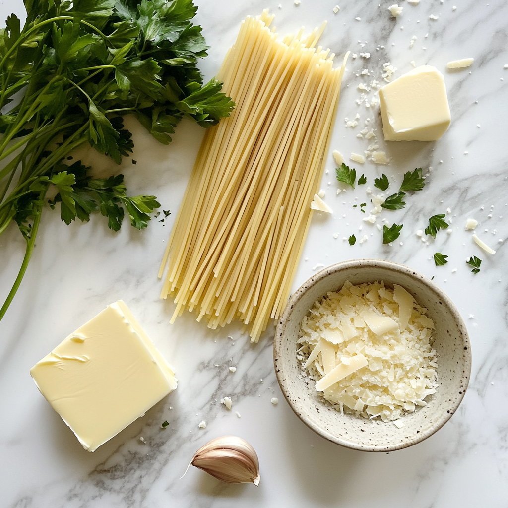 Raw ingredients for Alfredo spaghetti on a marble countertop.