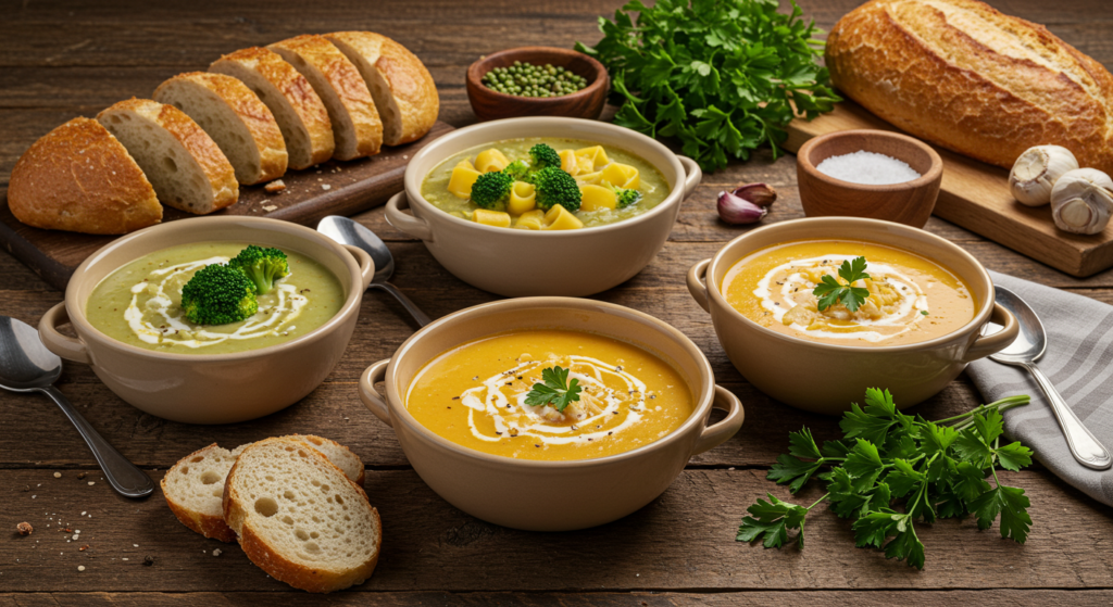Assortment of Panera-inspired soups with bread on a rustic counter.