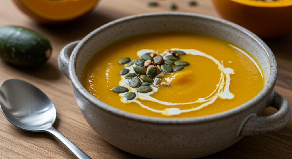 Autumn squash soup with cream and roasted seeds