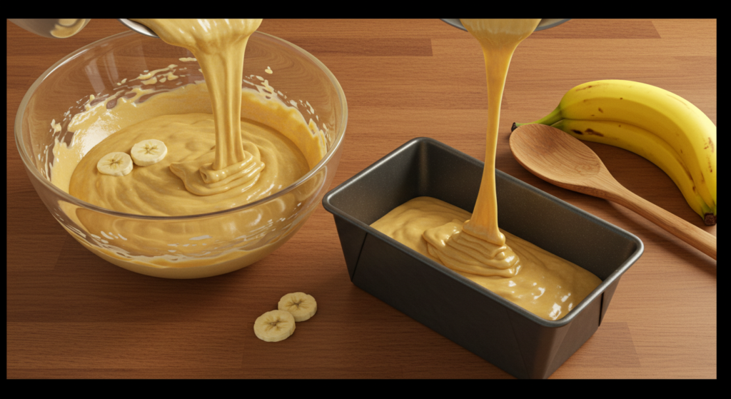 Banana bread batter being poured into a loaf pan
