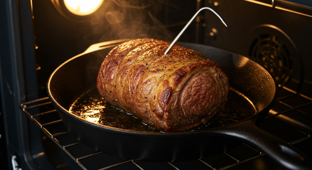 Bottom round roast cooking in a cast iron skillet inside the oven