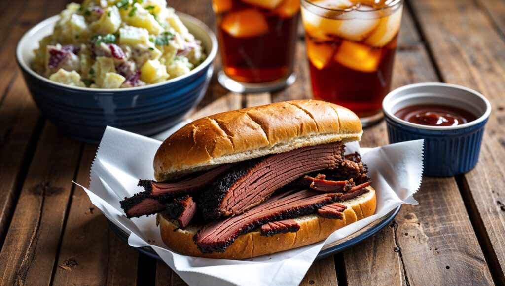 Brisket sandwich served with potato salad and iced tea on a wooden table