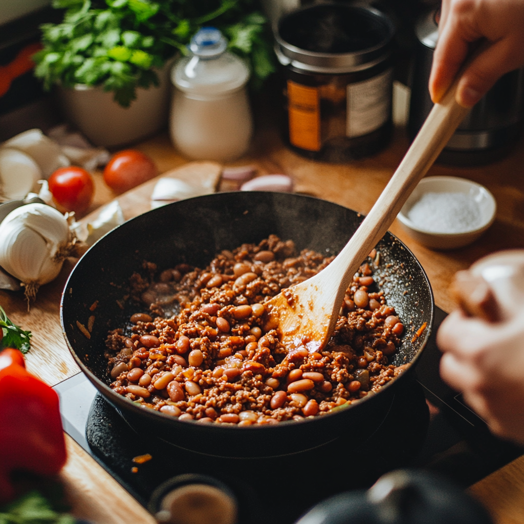 Ground Beef Browning in a Skillet with Ingredients