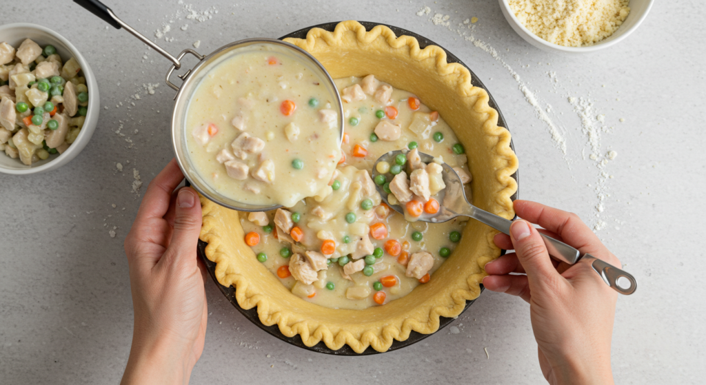 A person assembling a chicken pot pie with creamy filling.