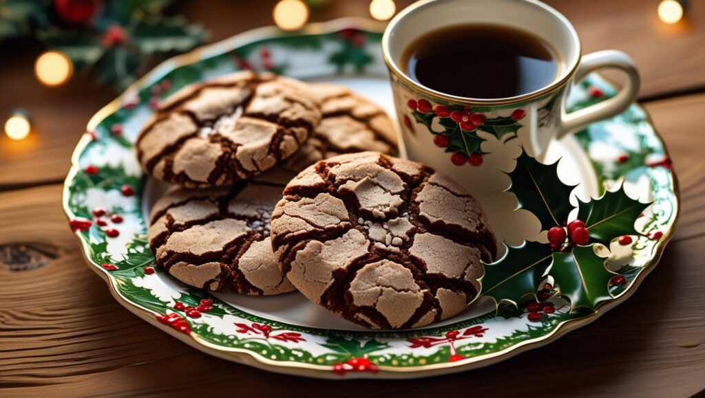 Chocolate Crinkle Cookies served on a holiday plate with coffee