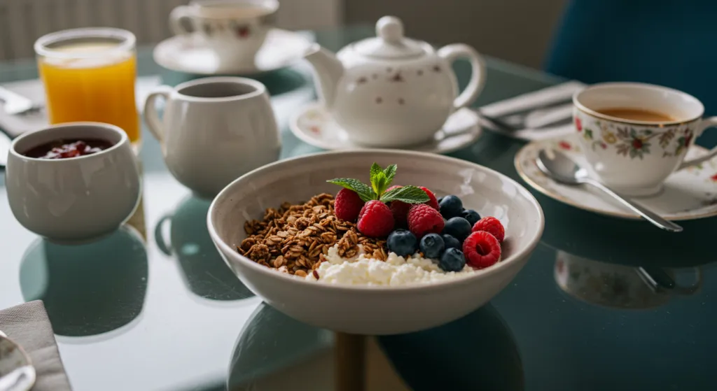 Cottage cheese parfait with granola and berries on a glass table