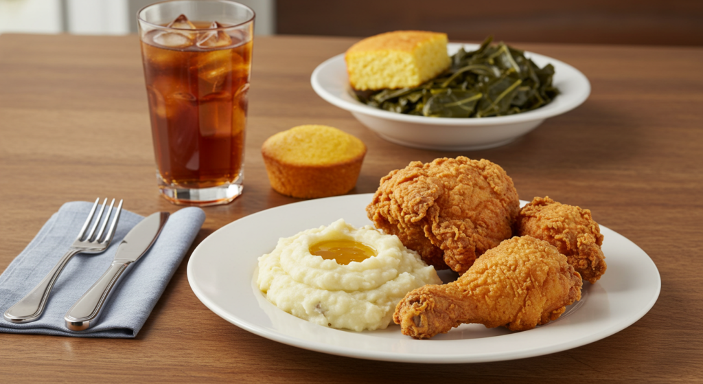 Fried chicken dinner with mashed potatoes and cornbread