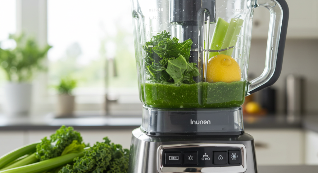 "Blender making green juice with fresh kale, celery, and lemon."