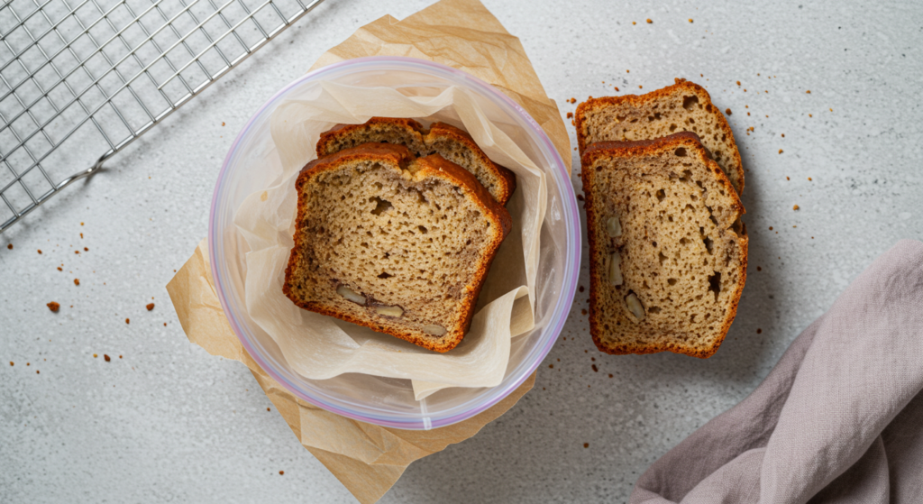 Banana bread slices wrapped and stored in a freezer bag