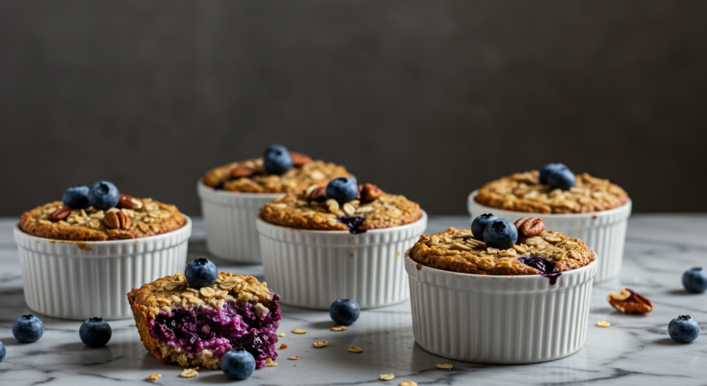 Individual ramekins of blueberry baked oatmeal.