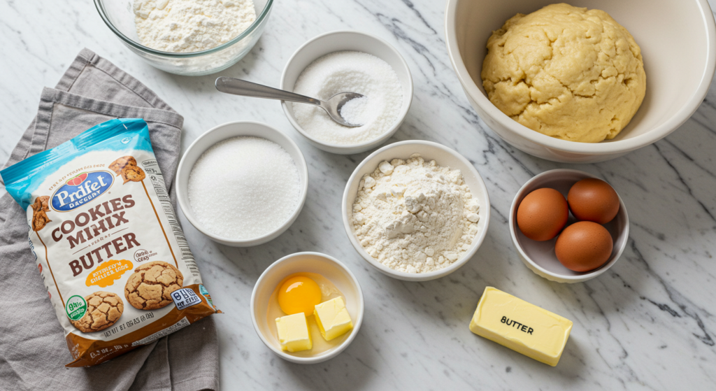      - **Alt Text**: Cookie mix ingredients laid out on a marble countertop, ready for baking.