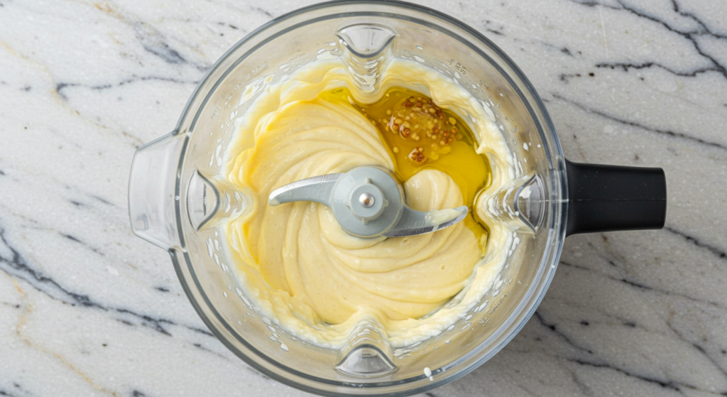 Blender mixing ingredients for homemade vegan mayo
