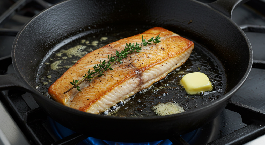Sizzling steelhead trout fillet in a cast-iron skillet with thyme and butter