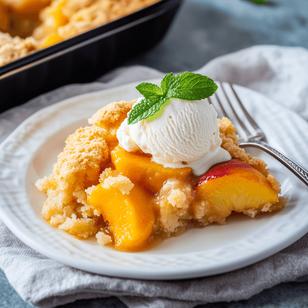 A serving of peach cobbler using cake mix with vanilla ice cream.
