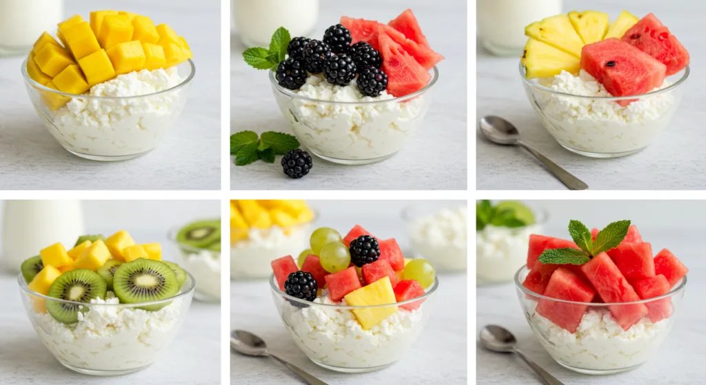 A bowl of cottage cheese topped with fresh fruits like berries, peach slices, and a drizzle of honey.