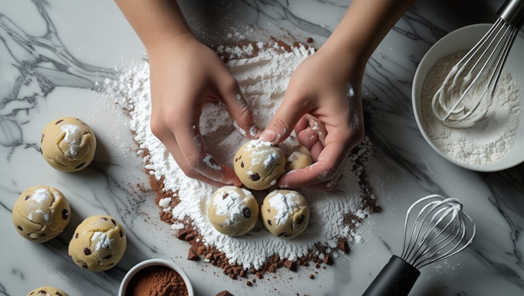 Chocolate Crinkle Cookie dough balls being rolled in powdered sugar