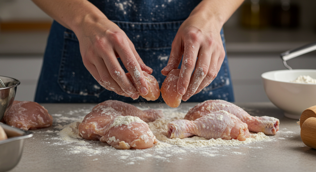 "Double-dredging chicken pieces for frying"