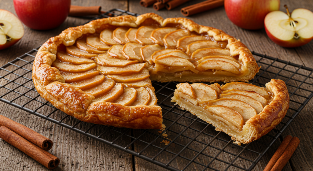 Apple tart with puff pastry crust on a cooling rack