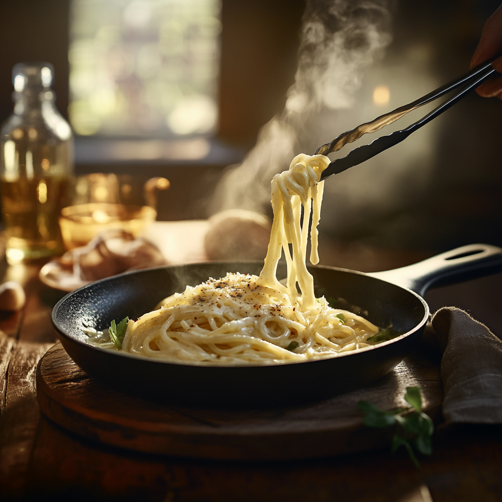 Alfredo spaghetti being served from a skillet onto a plate.