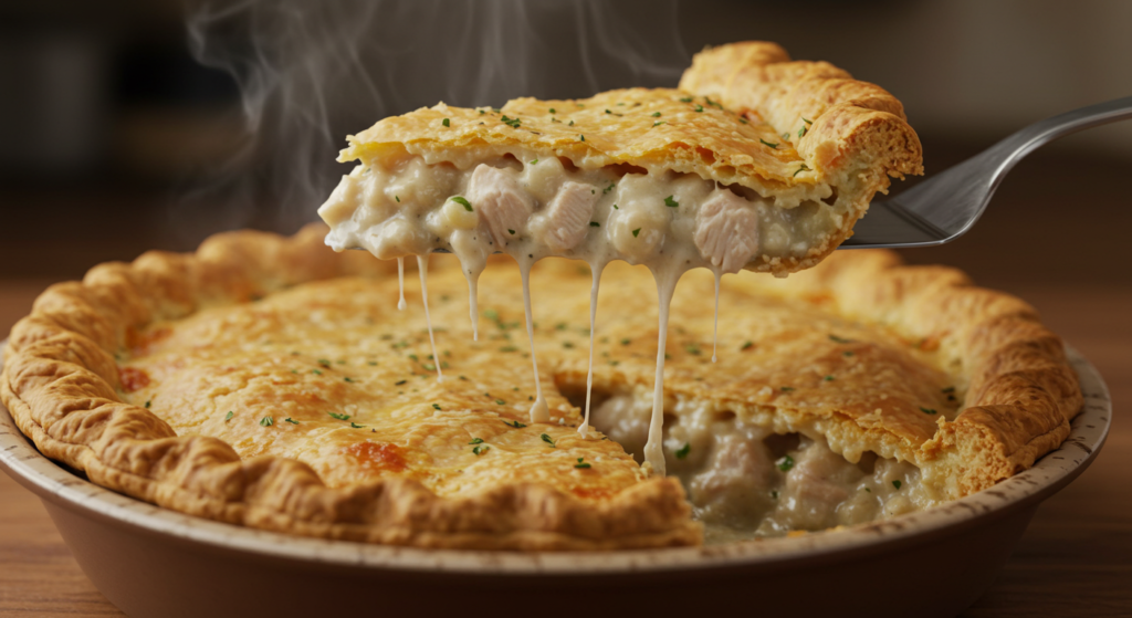 A slice of creamy chicken pot pie being served.