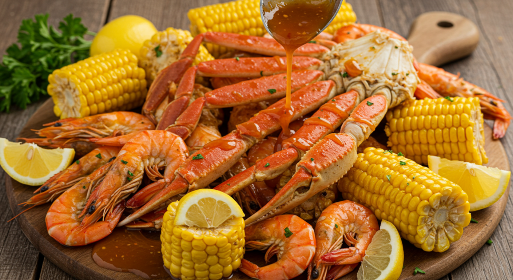 Seafood boil sauce simmering in a saucepan with steam