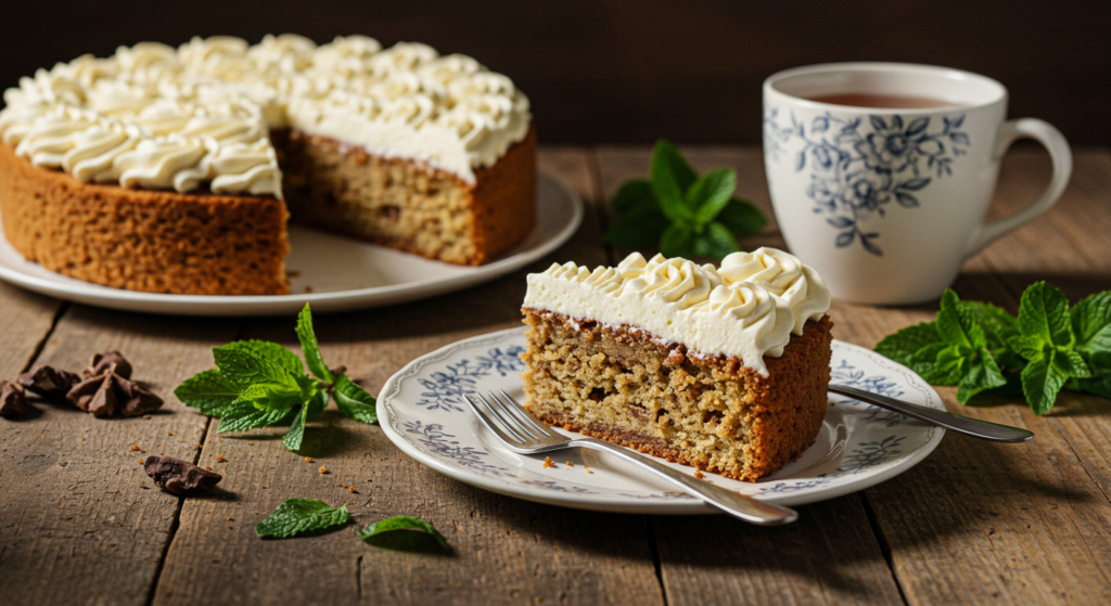 Slice of cookie mix cake with frosting and mint leaves on a rustic wooden table.