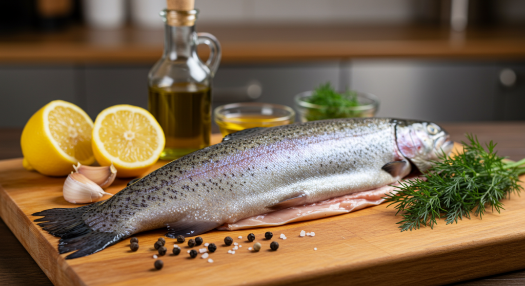 Raw steelhead trout fillet with fresh ingredients on a wooden cutting board