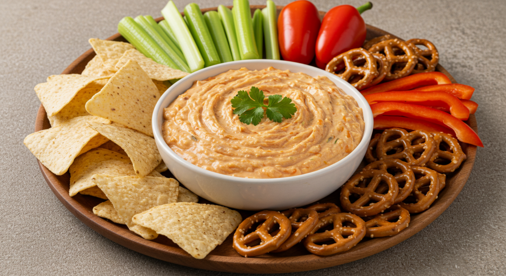Taco dip served with tortilla chips, fresh vegetables, and pretzels.