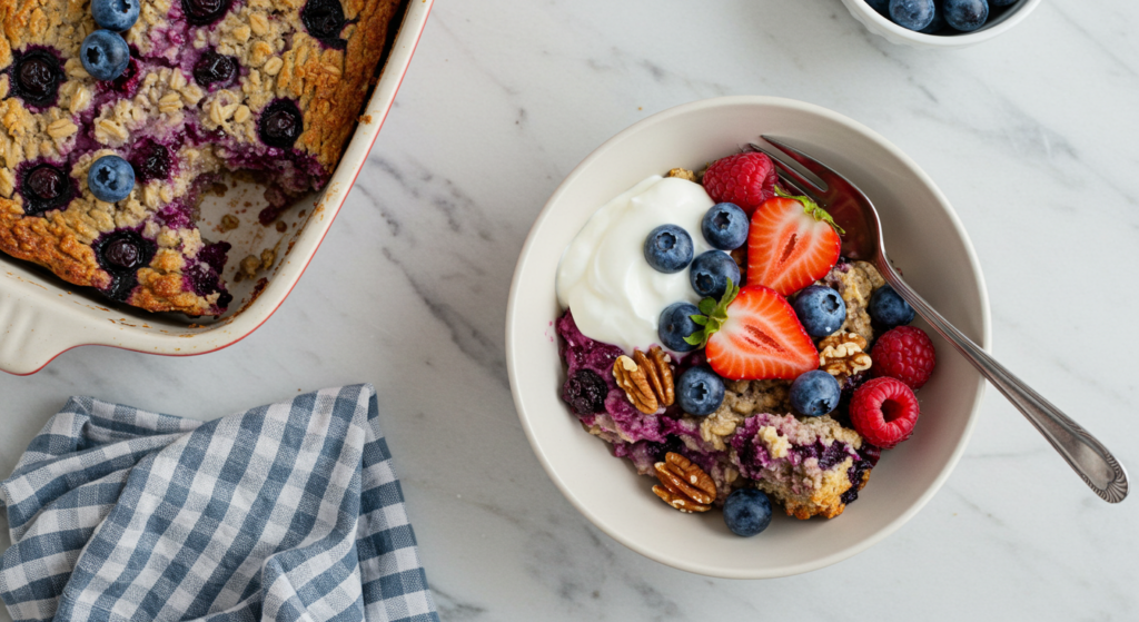 Blueberry baked oatmeal with fresh berries, Greek yogurt, and nuts.