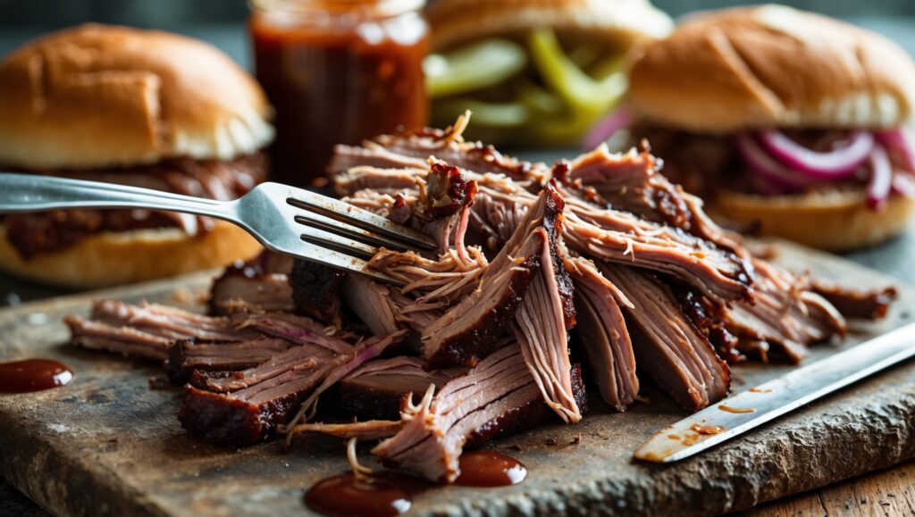 Shredded brisket on a cutting board with fresh buns and toppings in the background