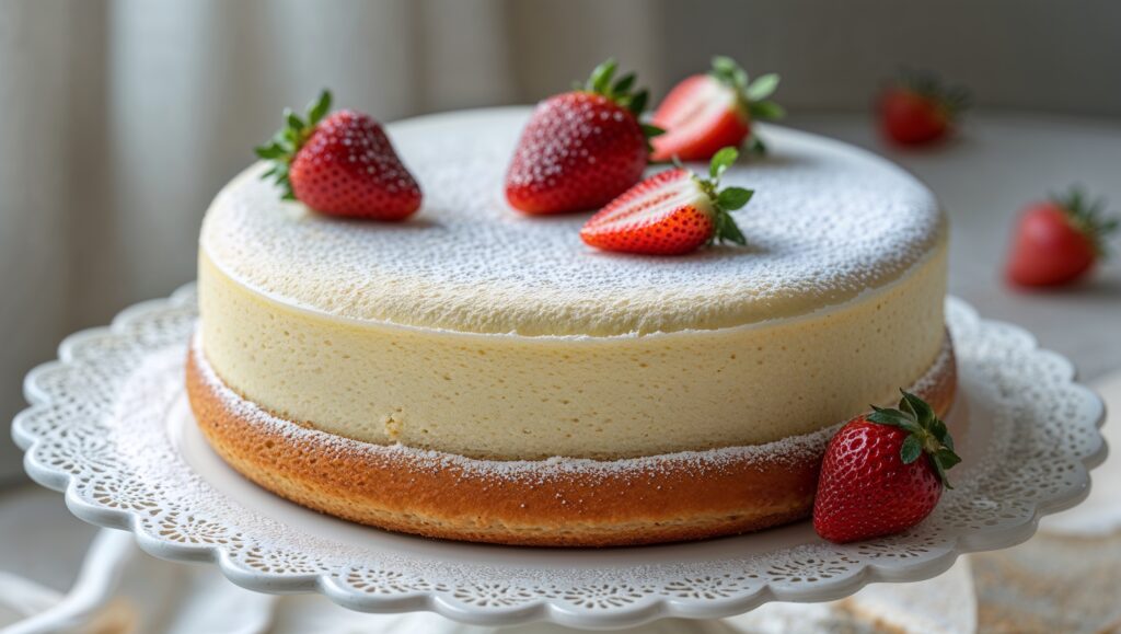Close-up of a vanilla sponge cake with strawberries and powdered suga
