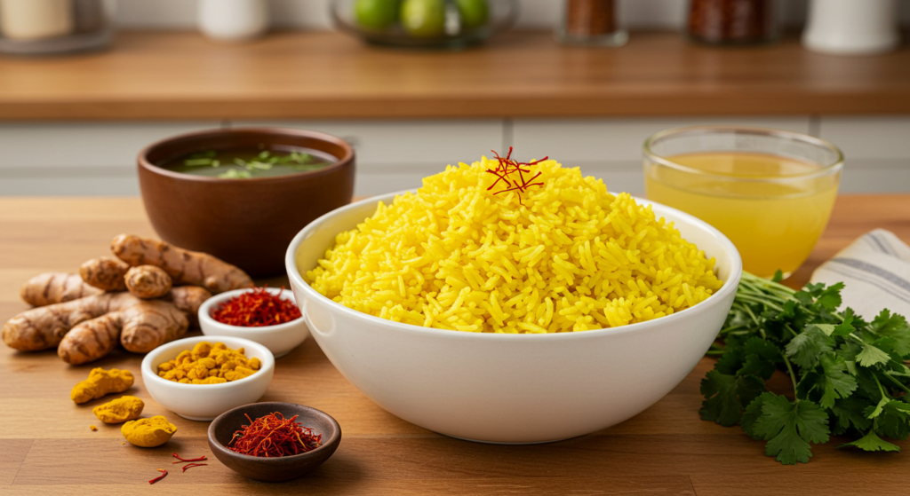 A bowl of saffron yellow rice with cooking ingredients.