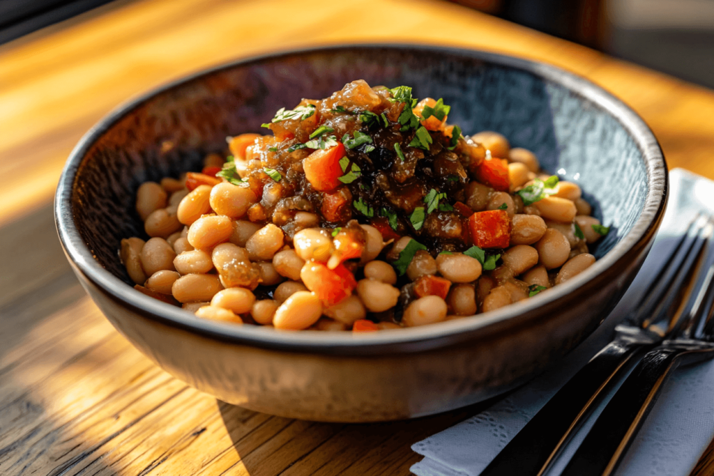 Pinto beans topped with chow chow recipe on a wooden table.
