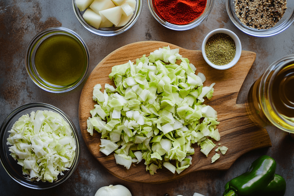 Ingredients for chow chow recipe on a wooden cutting board.