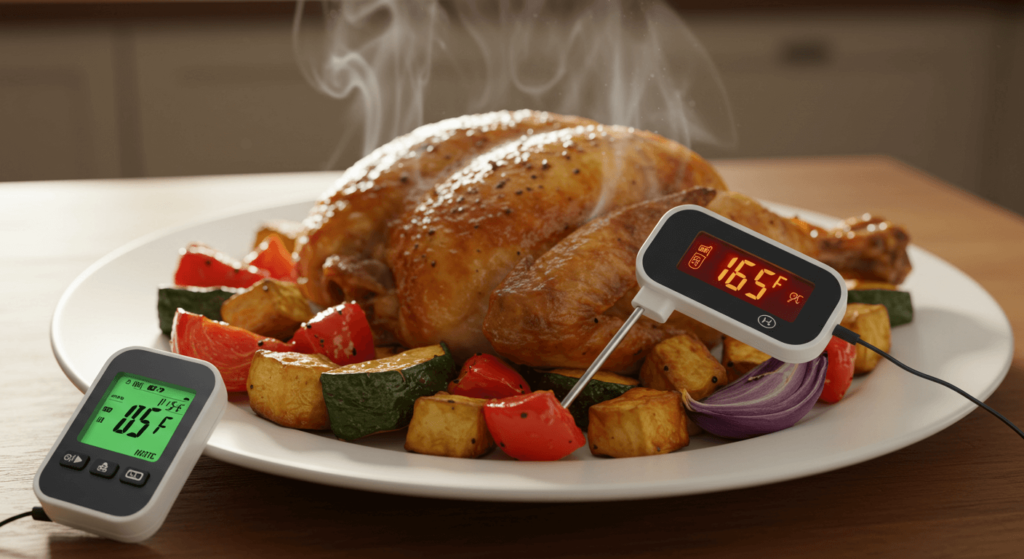 Reheated rotisserie chicken with a thermometer showing 165°F.
