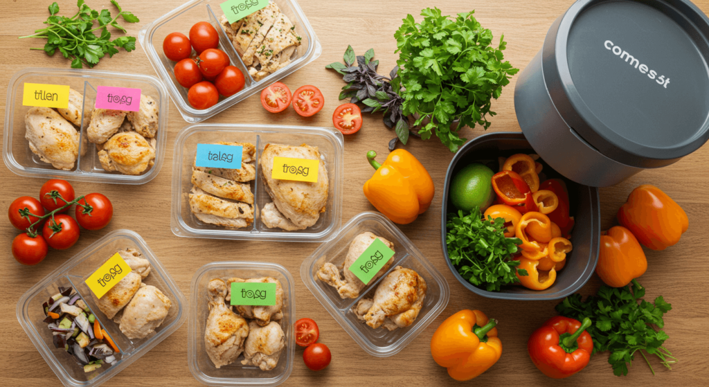  Meal-prepped chicken portions in labeled containers next to a compost bin.