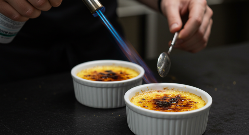 Torching the top of a crab brulee
