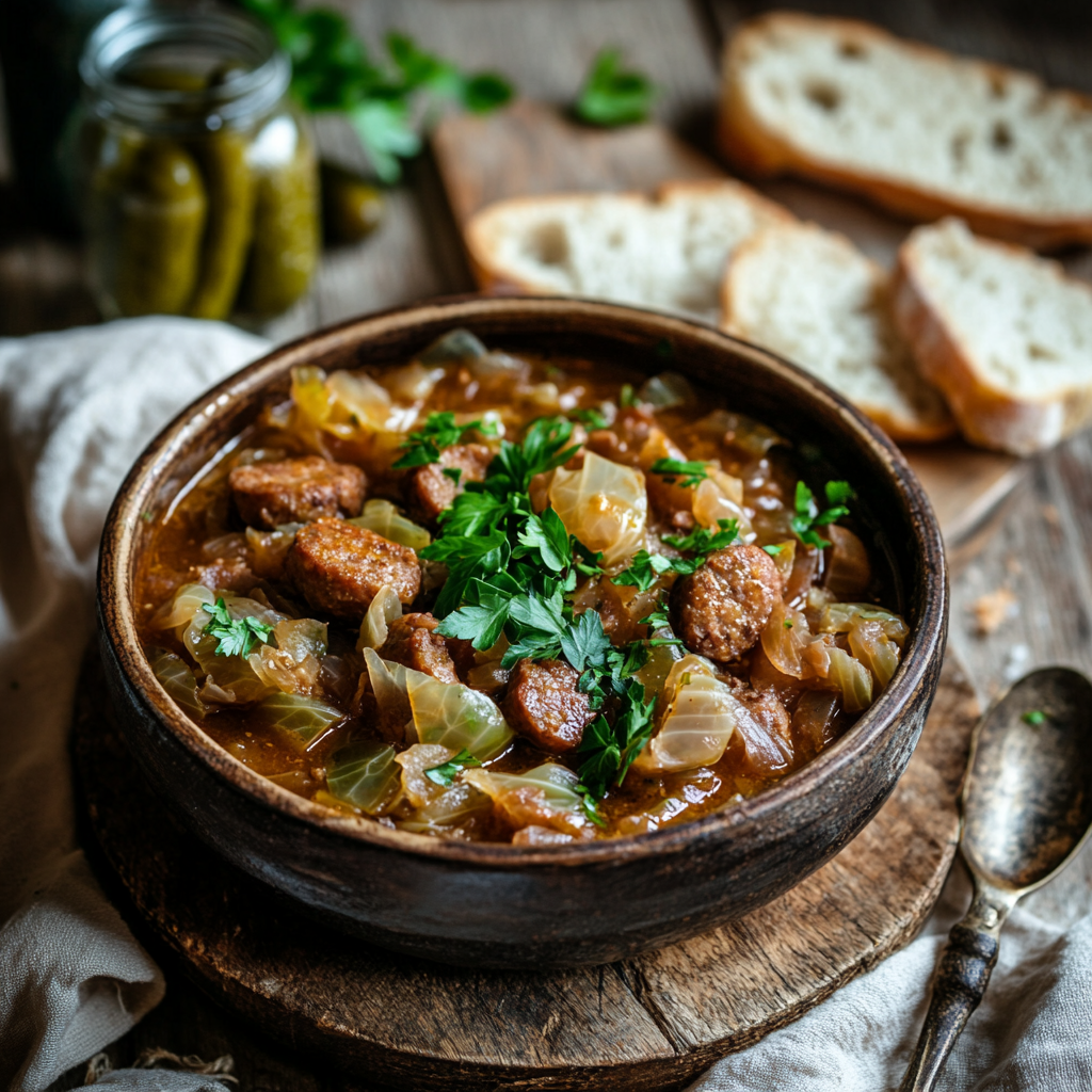 A bowl of cabbage and sausage stew served with crusty bread.