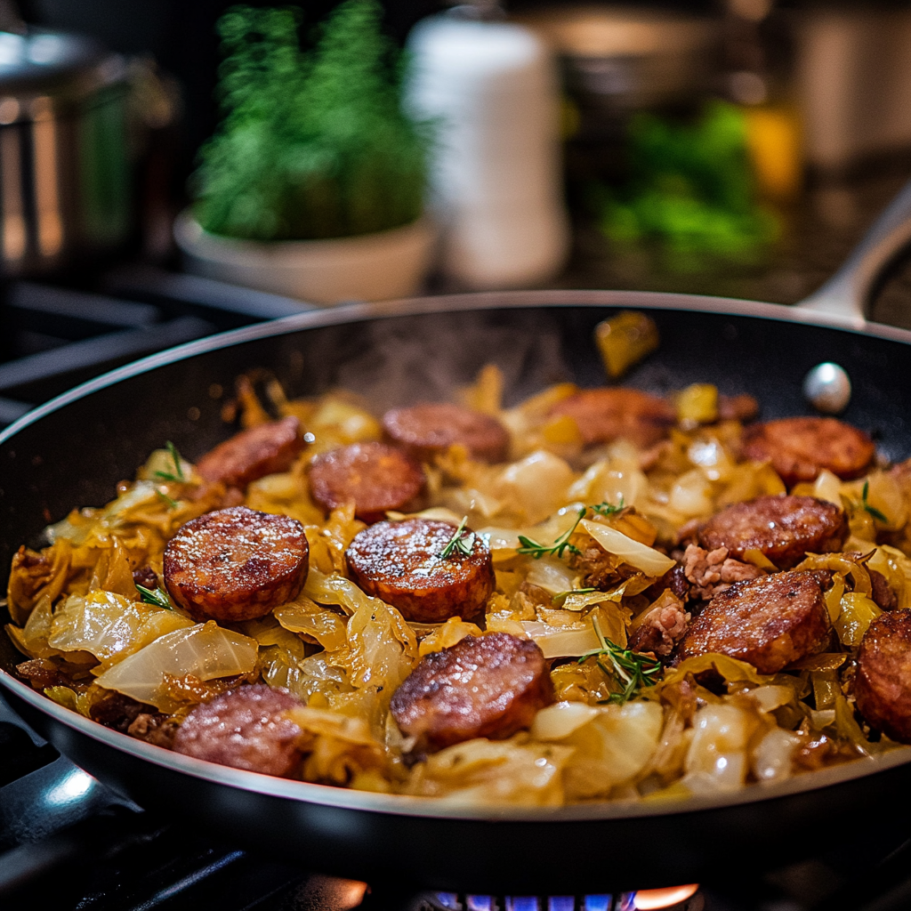 Cabbage and sausage sautรฉing in a skillet with garlic and onion.