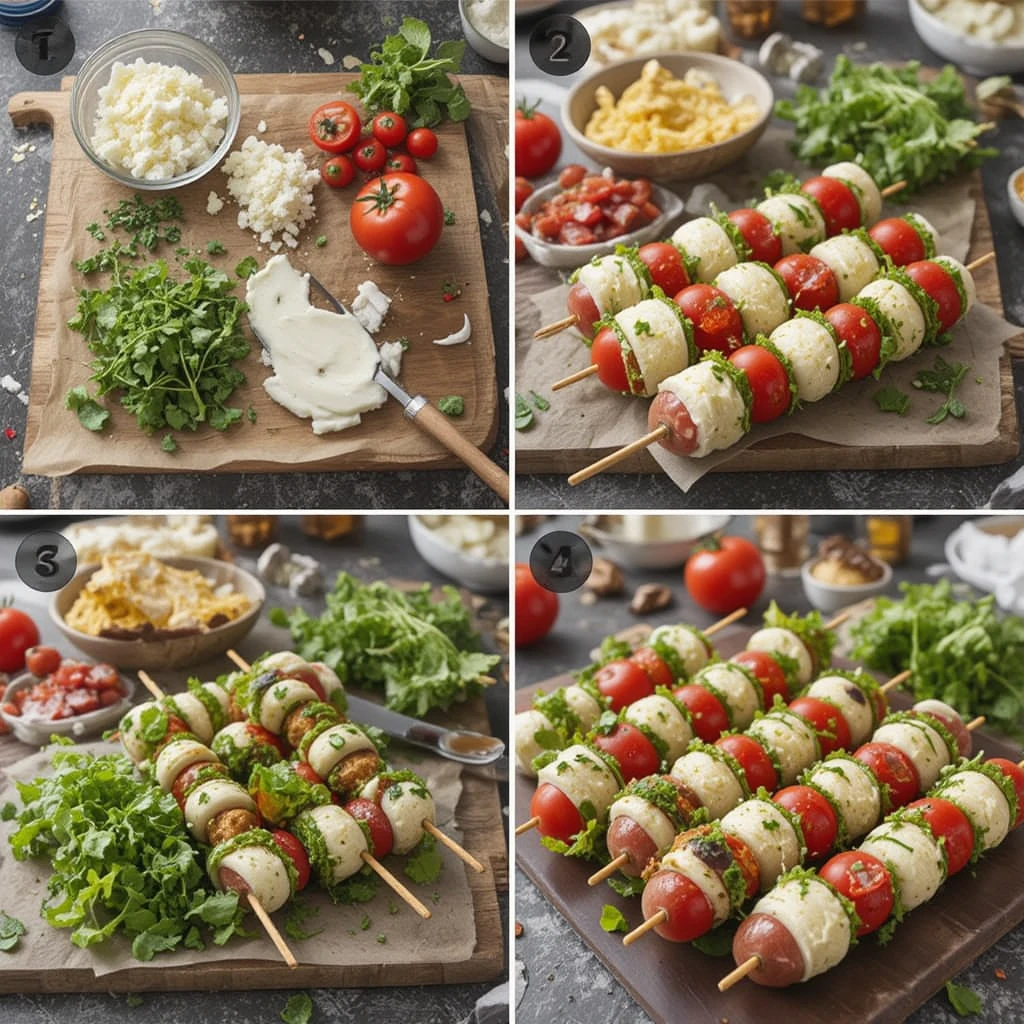 "Step-by-step process of making Caprese Skewers"