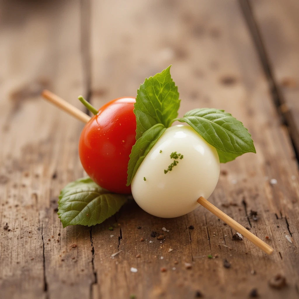 "Close-up of a Caprese Skewer with tomato and mozzarella"