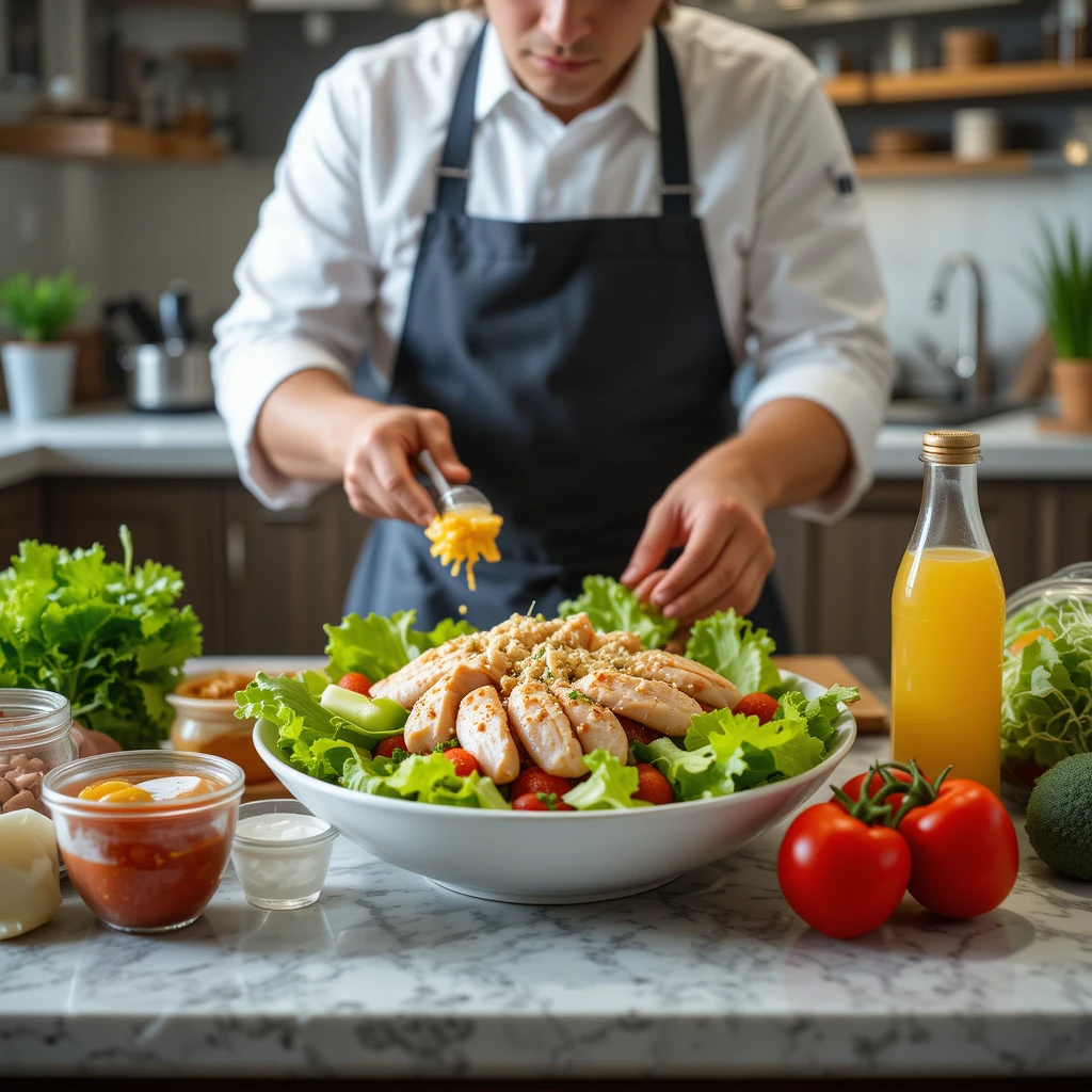 "Chef preparing Chicken Caesar Salad ingredients"