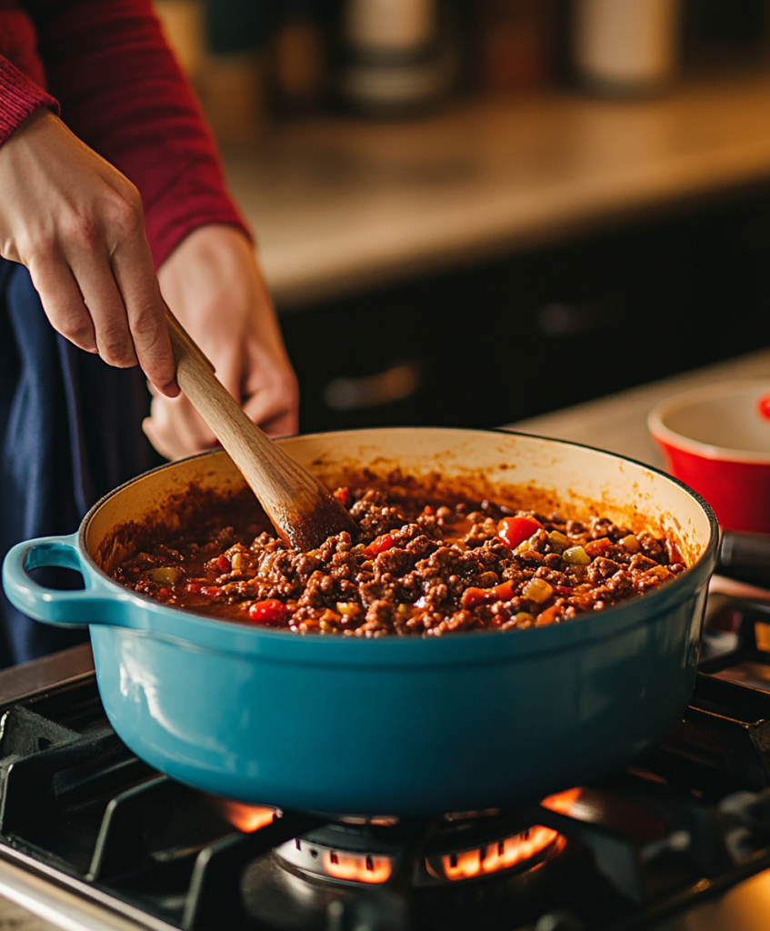 Person stirring steak chili in a pot.