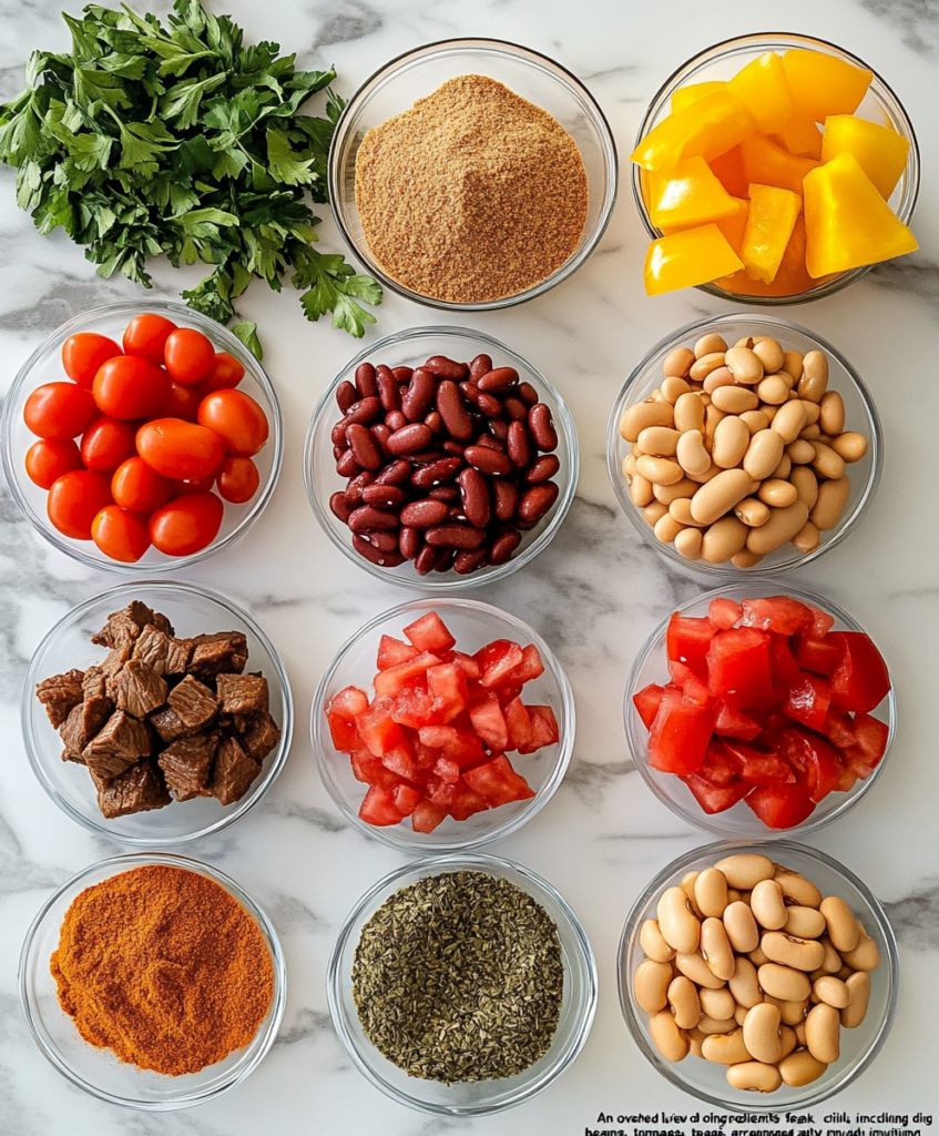 Ingredients for steak chili on a kitchen counter.