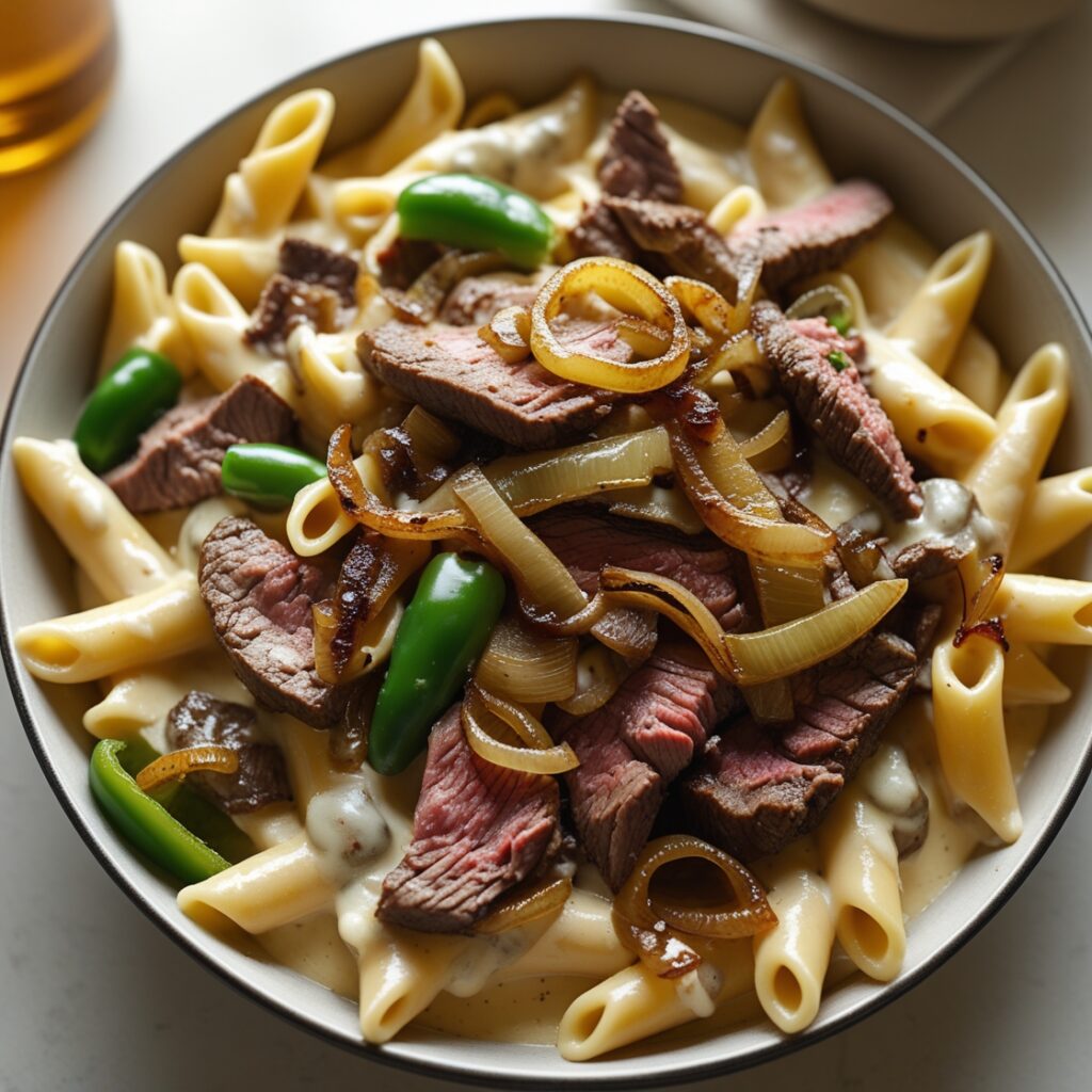 Philly Cheesesteak pasta recipe close up.