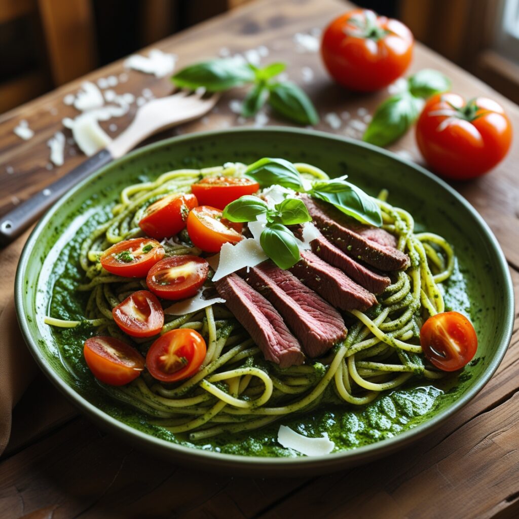 Pesto steak pasta recipe with cherry tomatoes