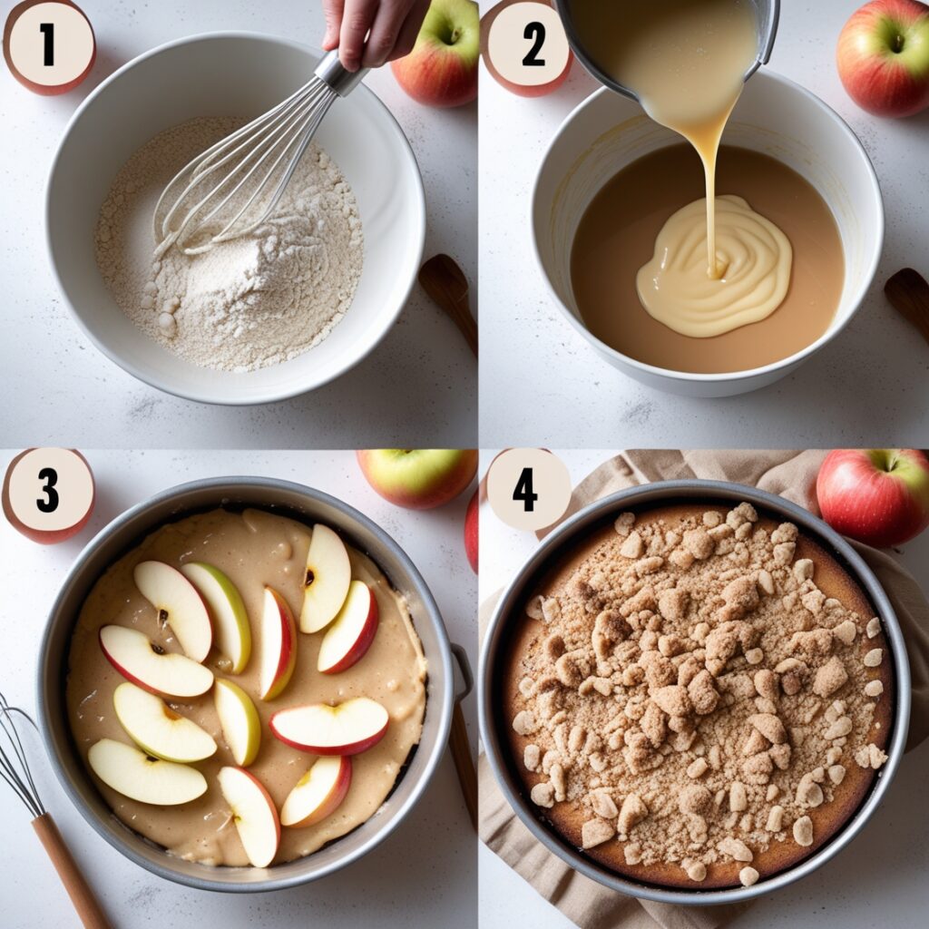 Collage of steps for baking apple coffee cake.