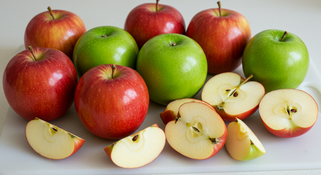 Assorted apples including Honeycrisp, Granny Smith, and Fuji on a cutting board.